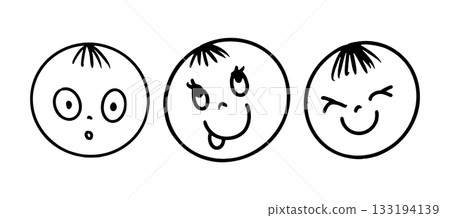 Set of cute doodle kids faces with funny emotions and hairstyles 133194139