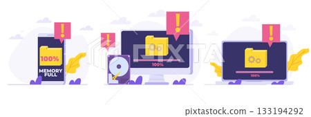 Phone, Laptop, Desktop full memory. Storage space file is full concepts set. Flat Vector illustrations  bundle, collections . 133194292