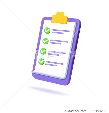 Approvement, exam, clipboard, mark icon. Task management todo check list. 3d realistic vector illustration. 133194295