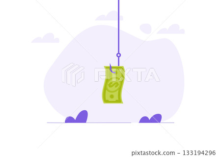 Money bait, money trap concept. Dollar on the fishing hook. Vector illustrations for banner, website, landing page, flyer. 133194296