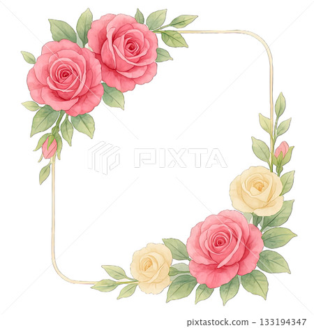 Soft pink and cream roses with green leaves frame delicate border 133194347