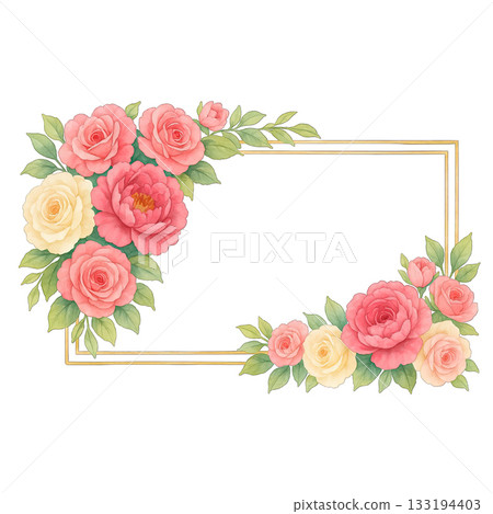 Pink rose flower frame with green leaves and soft colors 133194403