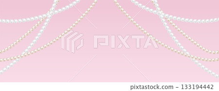 Elegant pearl strands on a soft pink background. Gentle luxury backdrop for beauty, wedding, fashion and feminine designs. Realistic vector pearls with delicate shine 133194442