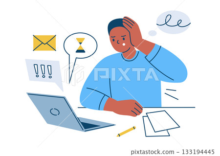 Vector illustration flat cartoon scene with overwhelmed man at computer, multitasking pressure, urgent tasks, constant notifications, productivity and workflow stress for business presentations Vector illustration flat cartoon scene with overwhelmed man at computer, multitasking pressure, urgent tasks, constant notifications, productivity and workflow stress for business presentations 133194445
