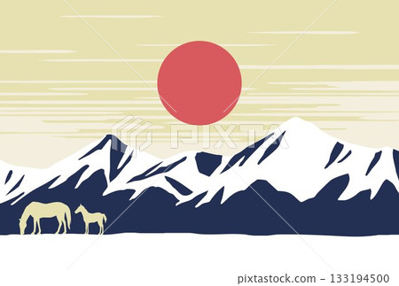 馬、孩童與初升的日出 新年賀卡素材 馬、孩童與初升的日出 新年賀卡素材 133194500
