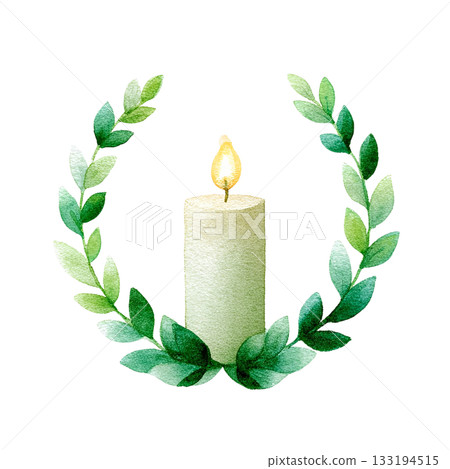 透明背景上的點燃蠟燭和綠葉圖案插圖（png格式） 133194515