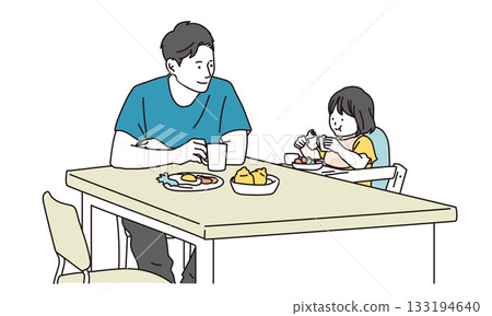 Illustration material of a father and daughter eating at the dining table 133194640