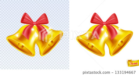 Realistic golden Christmas bells with a red bow. Shiny festive vector decoration for holiday cards, New Year designs, invitations, banners and seasonal projects. Isolated high-quality illustration 133194667