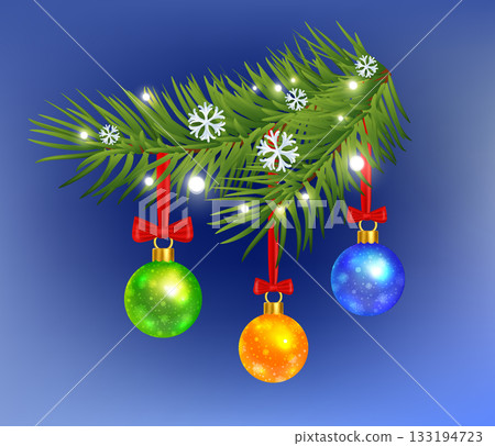 Realistic fir branch with glowing lights, snowflakes and colorful Christmas baubles. Bright festive vector perfect for holiday cards, decor, banners and seasonal designs 133194723