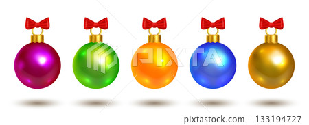 Vector set of glossy Christmas balls with red bows in bright festive colors. Perfect for holiday greeting cards, New Year design, decoration and joyful winter projects. Vector set of glossy Christmas balls with red bows in bright festive colors. Perfect for holiday greeting cards, New Year design, decoration and joyful winter projects. 133194727