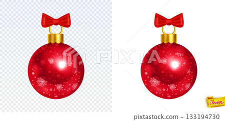 Realistic red Christmas bauble with golden bow, snowflake pattern and glossy shine. Isolated festive ornament for holiday design, New Year decorations, greeting cards and winter projects Realistic red Christmas bauble with golden bow, snowflake pattern and glossy shine. Isolated festive ornament for holiday design, New Year decorations, greeting cards and winter projects 133194730