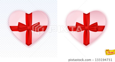 Realistic vector heart shaped gift box with a shiny red ribbon and bow. Romantic holiday present perfect for Valentines Day, weddings, anniversaries and festive designs. Isolated and high quality 133194731
