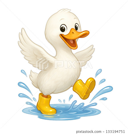 Happy duckling splashing water wearing yellow boots 133194751