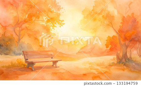 A fantastical landscape of autumn-colored park benches and trees painted in gentle watercolors 133194759