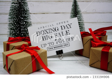 Festive display with small decorative Christmas trees and gift box present with "Special Offer Boxing Day Big Sale up to 70% off, Promotion Holiday Sale Event Festive display with small decorative Christmas trees and gift box present with "Special Offer Boxing Day Big Sale up to 70% off, Promotion Holiday Sale Event 133194906