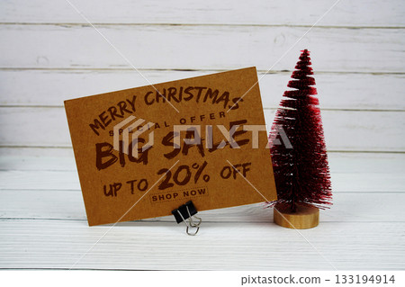 Festive display with small decorative Christmas trees with "Special Offer Merry Christmas Big Sale up to 20% off, Promotion Holiday Sale Event 133194914
