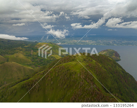 Aerial drone of Samosir Island, is a large volcanic island in Lake Toba. Sumatra, Indonesia. 133195264