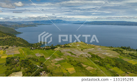 Rice fields and farmland on the shores of Lake Toba. Sumatra, Indonesia. 133195295