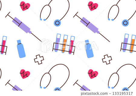 Vector illustration pattern with bright medical icons, syringe, vial, stethoscope, pills, cross. Flat cartoon healthcare symbols, clinical supplies, pharmacy and hospital theme for medical collection Vector illustration pattern with bright medical icons, syringe, vial, stethoscope, pills, cross. Flat cartoon healthcare symbols, clinical supplies, pharmacy and hospital theme for medical collection 133195317