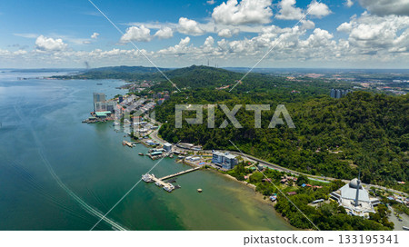 Aerial view of city of Sandakan capital of the Sandakan district in Sabah, Malaysia. 133195341
