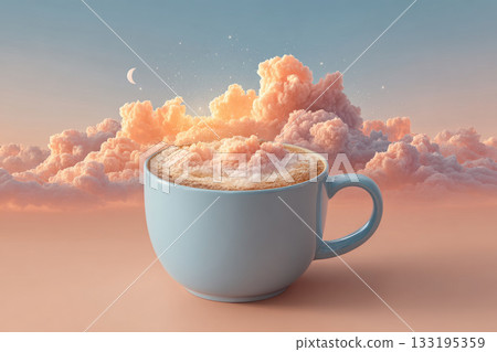 Surreal cup of coffee with clouds and stars floating above 133195359