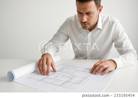 Man examining architectural blueprint at white desk in office 133195454