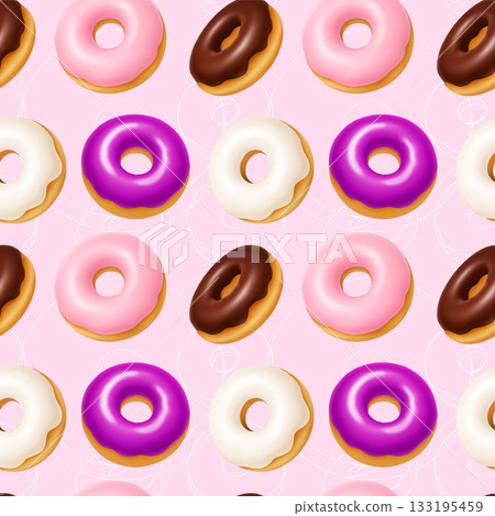 Seamless vector pattern with realistic donuts in colorful icing on a soft pink background. Bright, sweet, playful dessert texture for packaging, design, wallpaper and prints 133195459