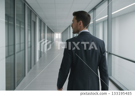 Businessman walking in modern office corridor for professional work 133195485