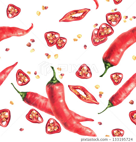 Watercolor chili pepper seamless pattern. Red whole vegetables and cut pods round sliced with seeds. Realistic hand painted illustrations. Hot spice design for food fabric Isolated from background 133195724