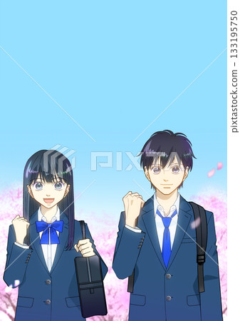 Anime-style illustration of male and female high school or junior high school students carrying backpacks and school bags against the backdrop of cherry blossoms in full bloom Anime-style illustration of male and female high school or junior high school students carrying backpacks and school bags against the backdrop of cherry blossoms in full bloom 133195750