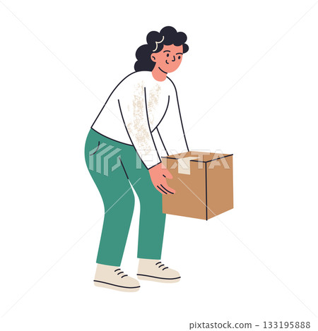 Vector illustration flat cartoon scene with woman lifting cardboard box, moving day, storage and delivery context, parcel shipping, home relocation and transport workflow for logistics presentations Vector illustration flat cartoon scene with woman lifting cardboard box, moving day, storage and delivery context, parcel shipping, home relocation and transport workflow for logistics presentations 133195888
