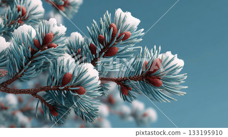 Pine branch with snow and cones on blue sky background in winter 133195910