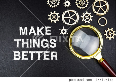 Make Things Better text message with magnifying glass on black background Make Things Better text message with magnifying glass on black background 133196158