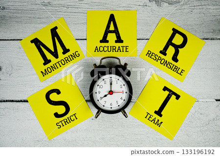 SMART Strict Monitoring Accurate Responsible Team with alarm clock on wooden background SMART Strict Monitoring Accurate Responsible Team with alarm clock on wooden background 133196192