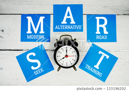 SMART Seek Modern Advanced Road Training with alarm clock on wooden background SMART Seek Modern Advanced Road Training with alarm clock on wooden background 133196202