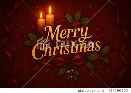 Merry Christmas greeting with candles and holly leaves warm light 133196363