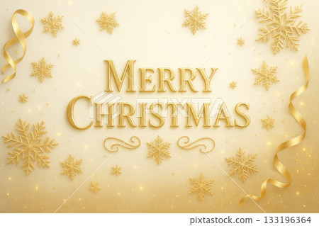 Golden Merry Christmas text with snowflake and ribbon decoration 133196364