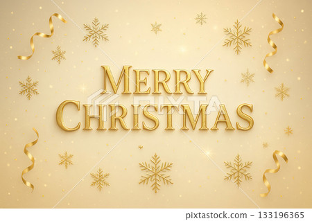 Golden Merry Christmas text with snowflake and ribbon decoration 133196365