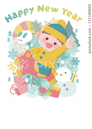 New Year's card illustration of a cute child riding a rocking horse 133196668