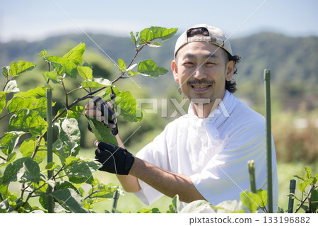 一位男子正滿懷敬意地在田間採摘蔬菜。畫面中是一位農民或農業工人。特寫鏡頭捕捉到他面帶微笑，看向鏡頭的畫面。 133196882