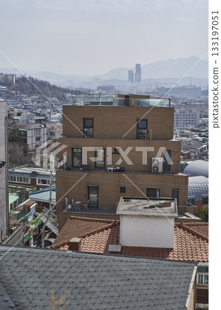 Smog and yellow dust pollution covering cityscape of Seoul capital of South Korea 133197051