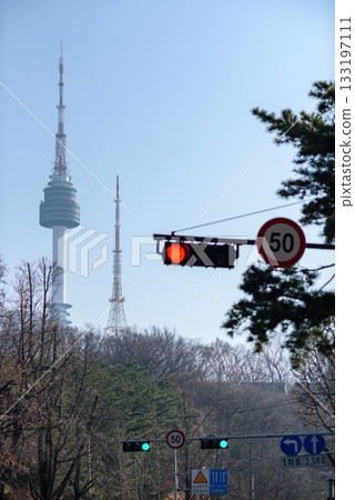 Namsan Seoul broadcasting and observatory tower on Namsan hill in Seoul, South Korea 133197111