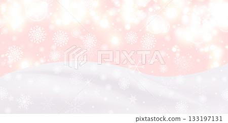Vector illustration of winter landscape with snow hills and snowflakes on soft pink background. Perfect for holiday greeting cards, banners and seasonal winter desig 133197131