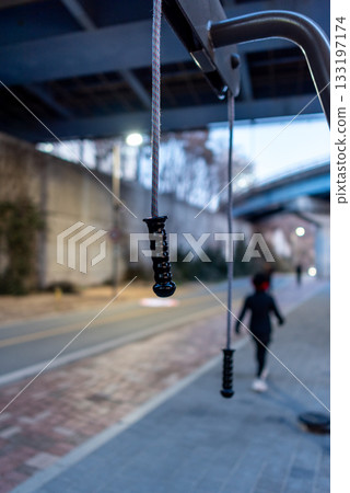 Outdoor exercise equipment with handles under a bridge in Hangang Han river park in Seoul, South Korea Outdoor exercise equipment with handles under a bridge in Hangang Han river park in Seoul, South Korea 133197174