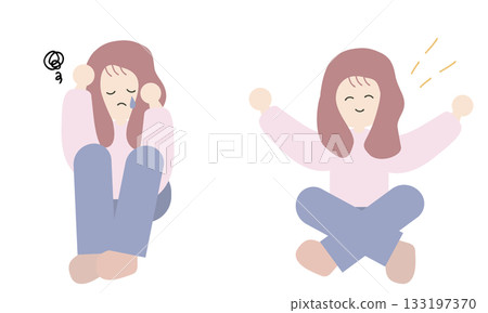 一組插圖，描繪了一位憂心忡忡的女人和一位開朗的女人。 133197370