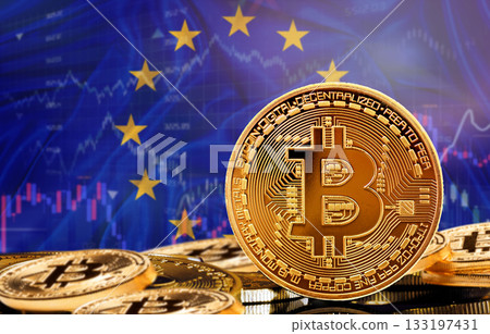 Investors in cryptocurrency and Blockchain Technology in the European Union, Concept. Bitcoin with European Union flag in the background 133197431