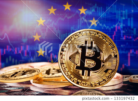 Bitcoin with European Union flag in the background. Investors in cryptocurrency and Blockchain Technology in the European Union, Concept 133197432