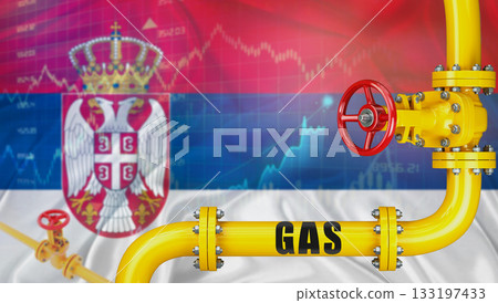 Gas pipeline with Serbia flag in the background. Gas production with Serbian flag on market chart 133197433