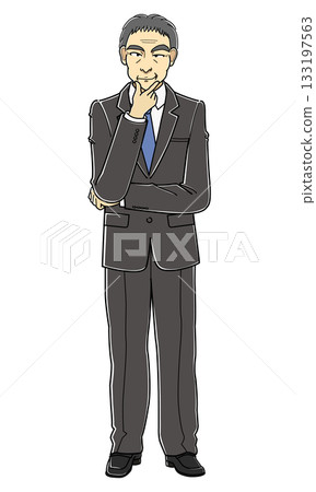 A middle-aged man in a suit standing with his hand on his chin and grinning A middle-aged man in a suit standing with his hand on his chin and grinning 133197563