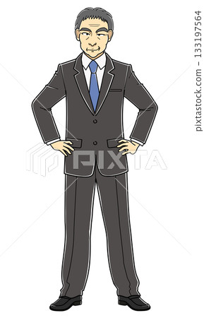 A middle-aged man in a suit standing with his hands on his hips and grinning 133197564